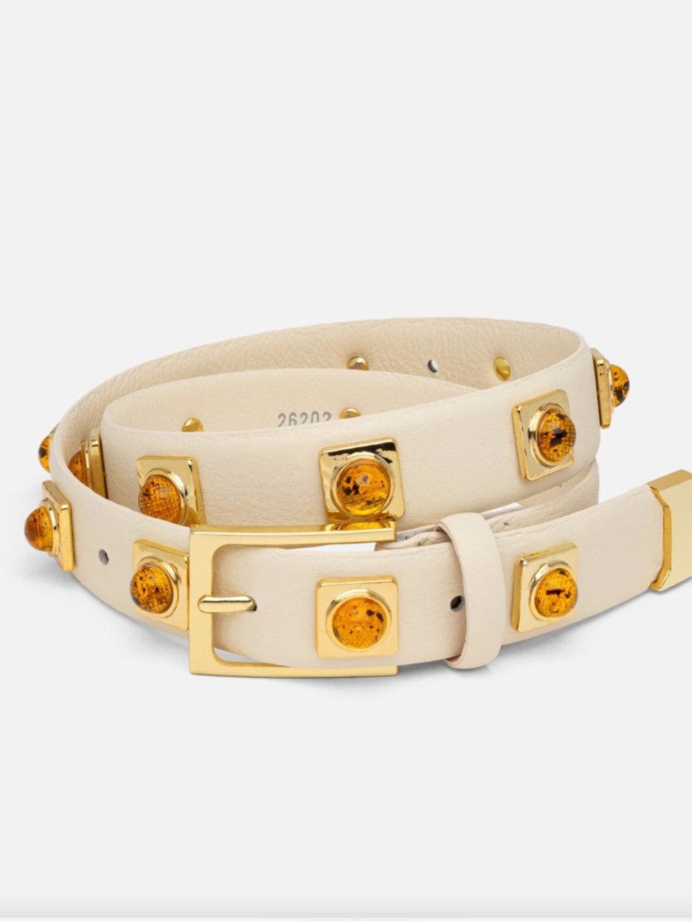 Women's Cream Studded Leather Belt with Gold Accents